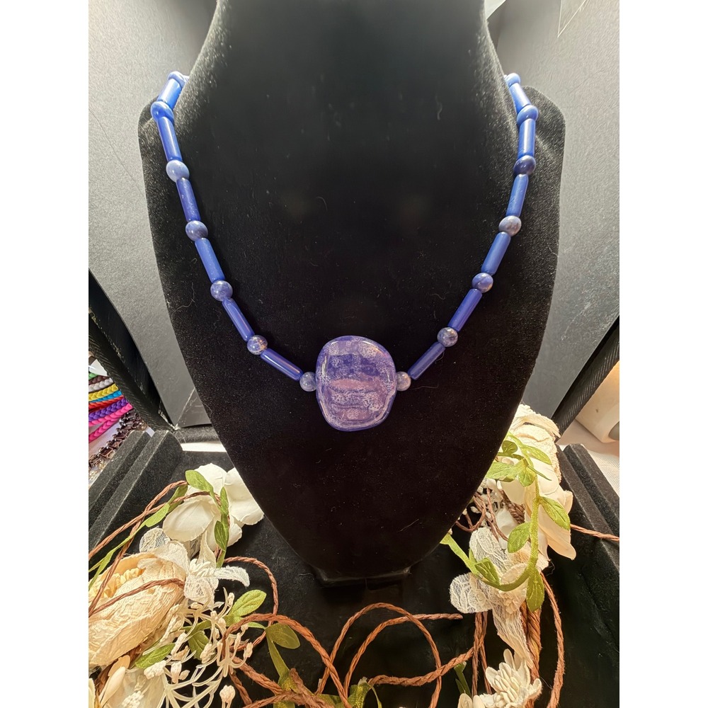 19" Blue Beaded Statement Necklace Purple Focal Pendant Floral Toggle Clasp